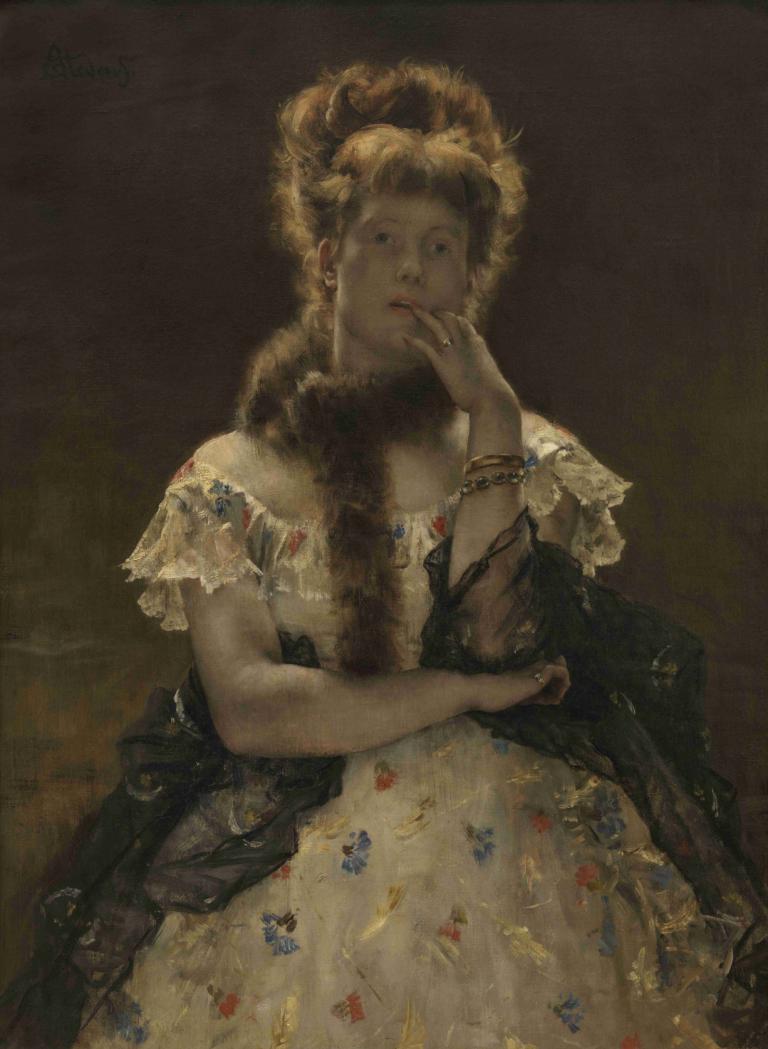 The Parisian sphinx,Alfred Stevens,Oil Painting,Oil Painting, 1girl, jewelry, solo, dress, bracelet, earrings