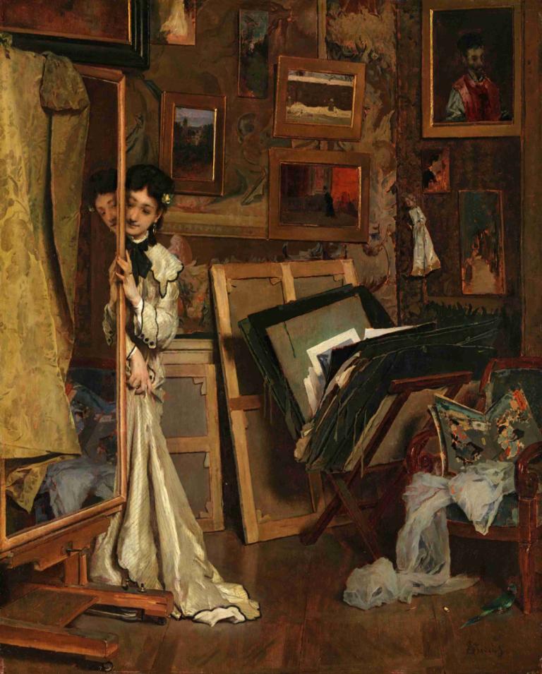 The Psyché (My Studio),Alfred Stevens,Oil Painting,Oil Painting, painting (object), dress, 1girl, black hair