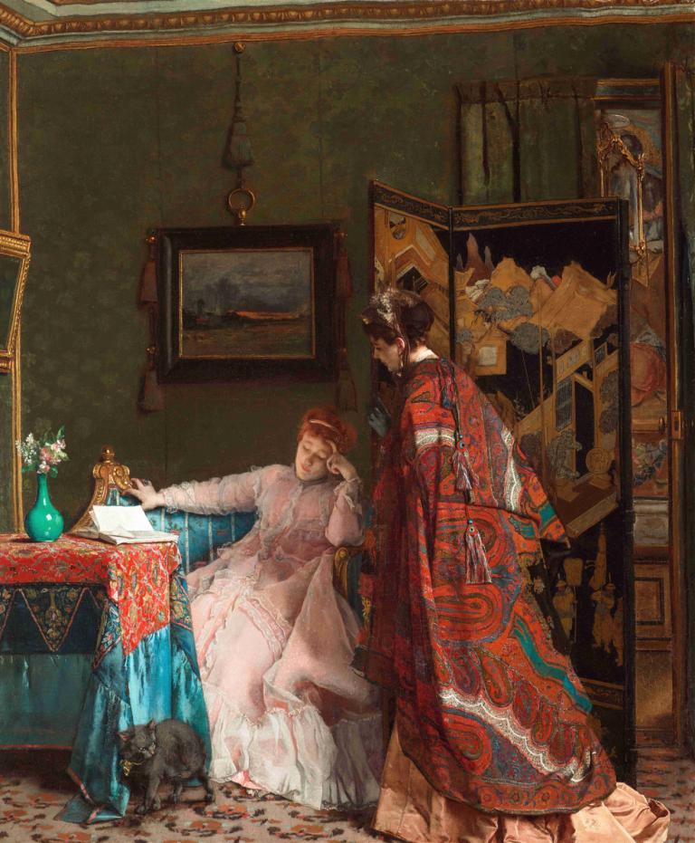 The Visit,Alfred Stevens,Oil Painting,Oil Painting, dress, 2girls, multiple girls, indoors, rug, carpet