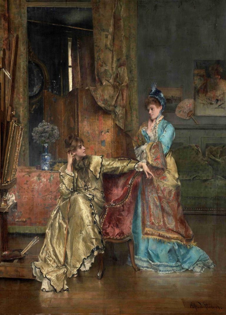 The Visit,訪問,Alfred Stevens,アルフレッド・スティーブンス,油絵,油絵, ドレス, 座っている, 絵画（オブジェクト）, 茶髪, 1女の子, 屋内で, 青い服, 男の子1人, 花瓶, 長袖