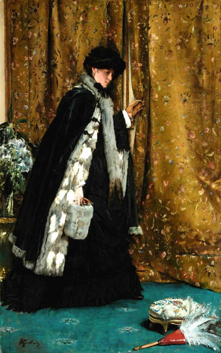 The morning visit,Alfred Stevens,Oil Painting,Oil Painting, 1girl, solo, black hair, hat, standing