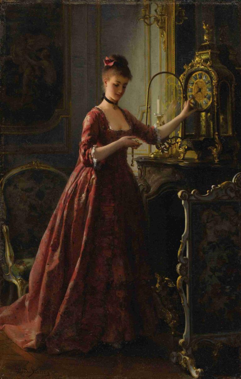 Winding The Mantle Clock,De pendule opwinden,Alfred Stevens,Olieverf,Olieverf, 1meisje, jurk, solo, rode jurk