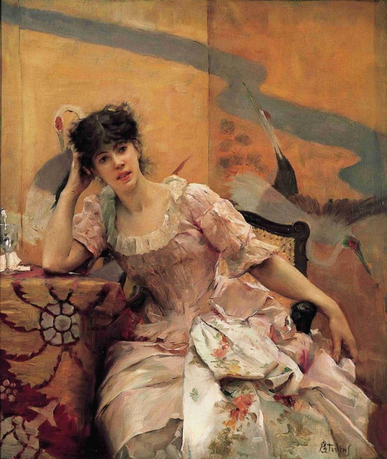 Young Woman with a Japanese Screen,Alfred Stevens,Oil Painting,Oil Painting, 1girl, solo, black hair