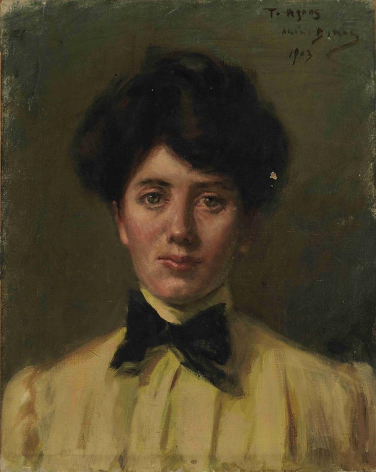 Agnes,Alice Pike Barney,Oil Painting,Oil Painting, solo, realistic, black hair, bow, bowtie, 1boy, male focus