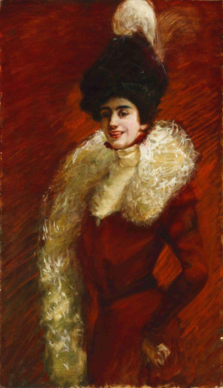 Alice Warder Garrett,Alice Pike Barney,Oil Painting,Oil Painting, solo, 1girl, hat, black hair, hand on hip