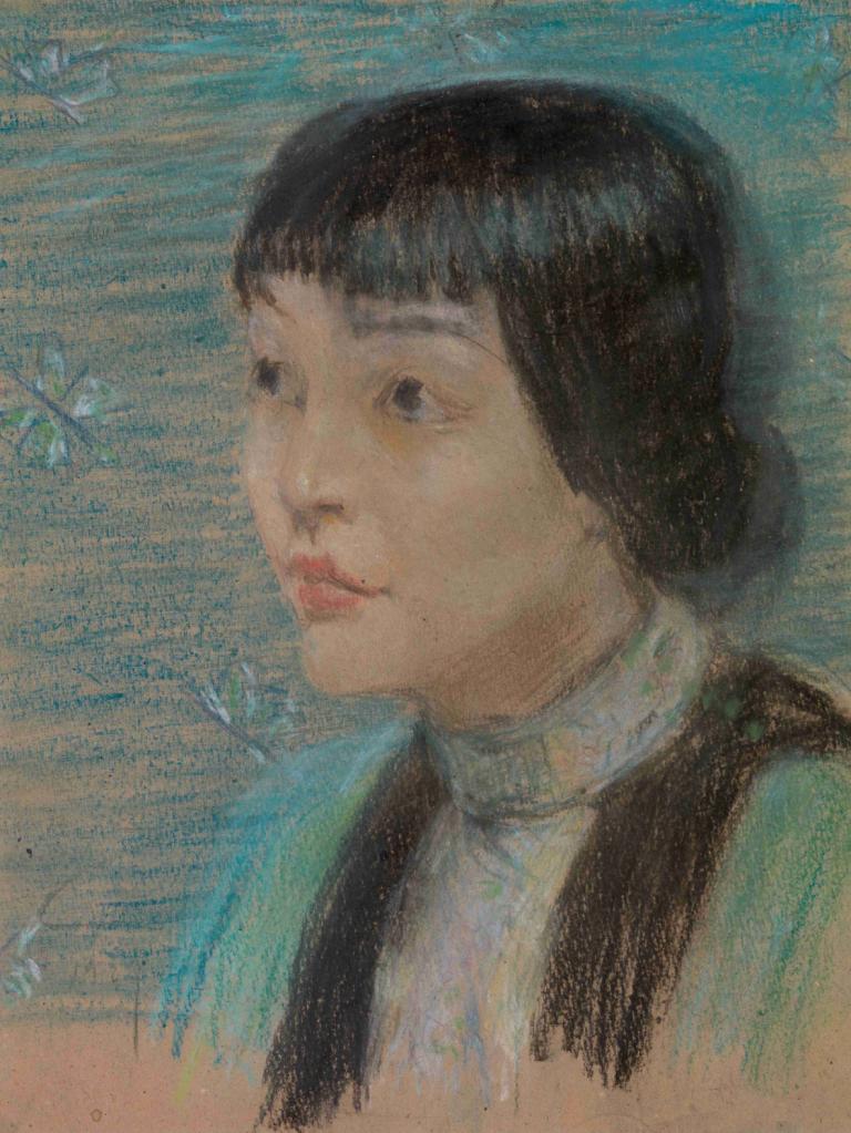 Anna May Wong,Alice Pike Barney,Oil Painting,Oil Painting, 1girl, solo, black hair, traditional media