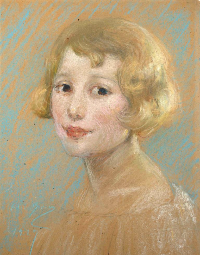 Blonde Girl,Alice Pike Barney,Oil Painting,Oil Painting, 1girl, solo, short hair, blonde hair