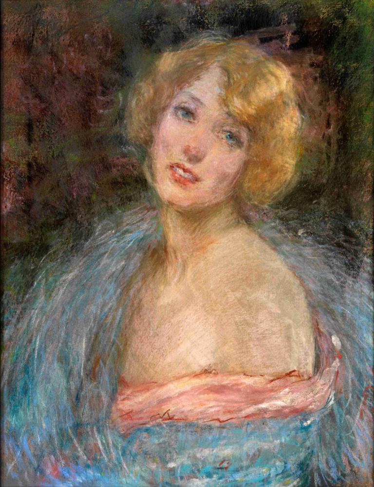 Blonde Girl with Boa,Alice Pike Barney,Oil Painting,Oil Painting, 1girl, solo, blonde hair, blue eyes