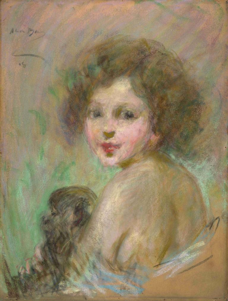 Child with Monkey,Barn med apa,Alice Pike Barney,Oljemålning,Oljemålning, 1 tjej, solo, brunt hår