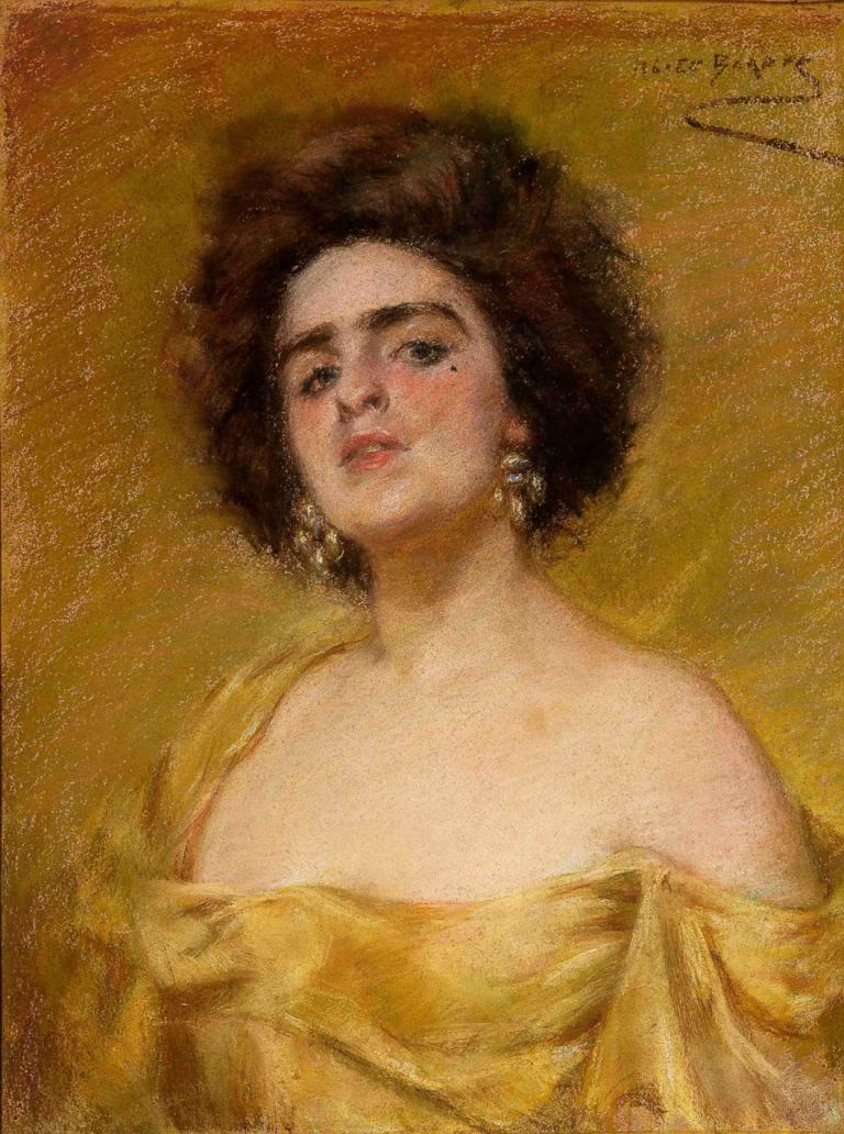 Laura In Yellow,Alice Pike Barney,Oil Painting,Oil Painting, 1girl, solo, jewelry, earrings, realistic, dress