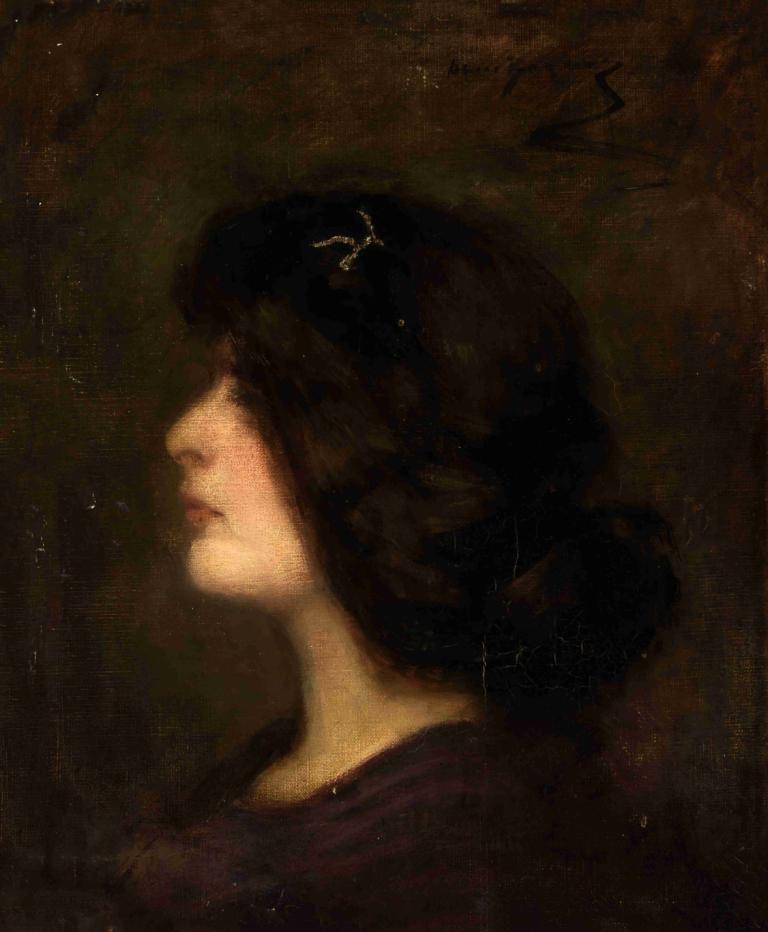 Laura at Fifteen,Alice Pike Barney,Oil Painting,Oil Painting, 1girl, solo, profile, black hair, closed mouth