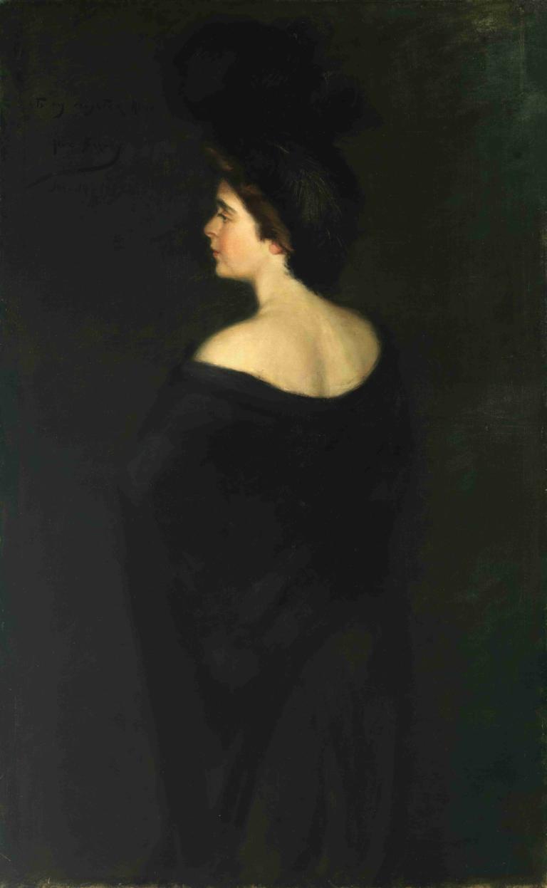 Laura in Blacks,Alice Pike Barney,Oil Painting,Oil Painting, 1girl, solo, black hair, bare shoulders