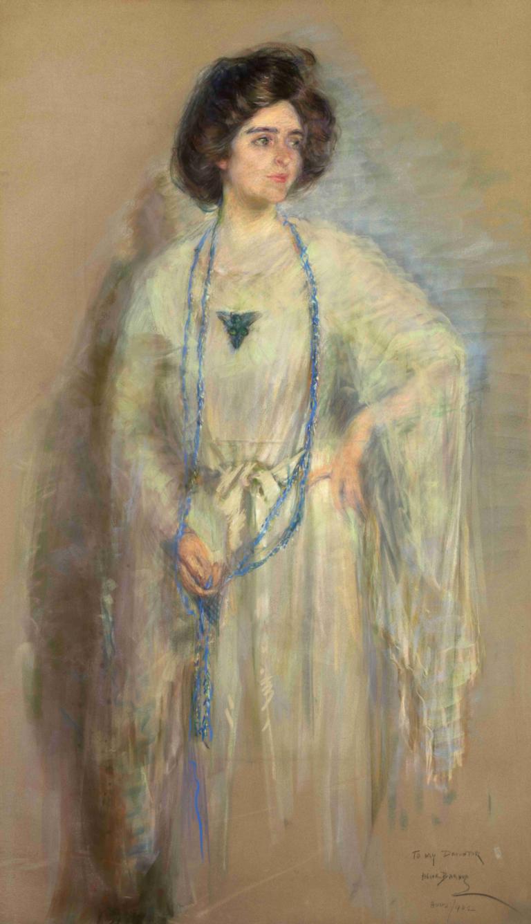 Laura in Whites,Alice Pike Barney,Oil Painting,Oil Painting, 1girl, solo, jewelry, black hair, necklace