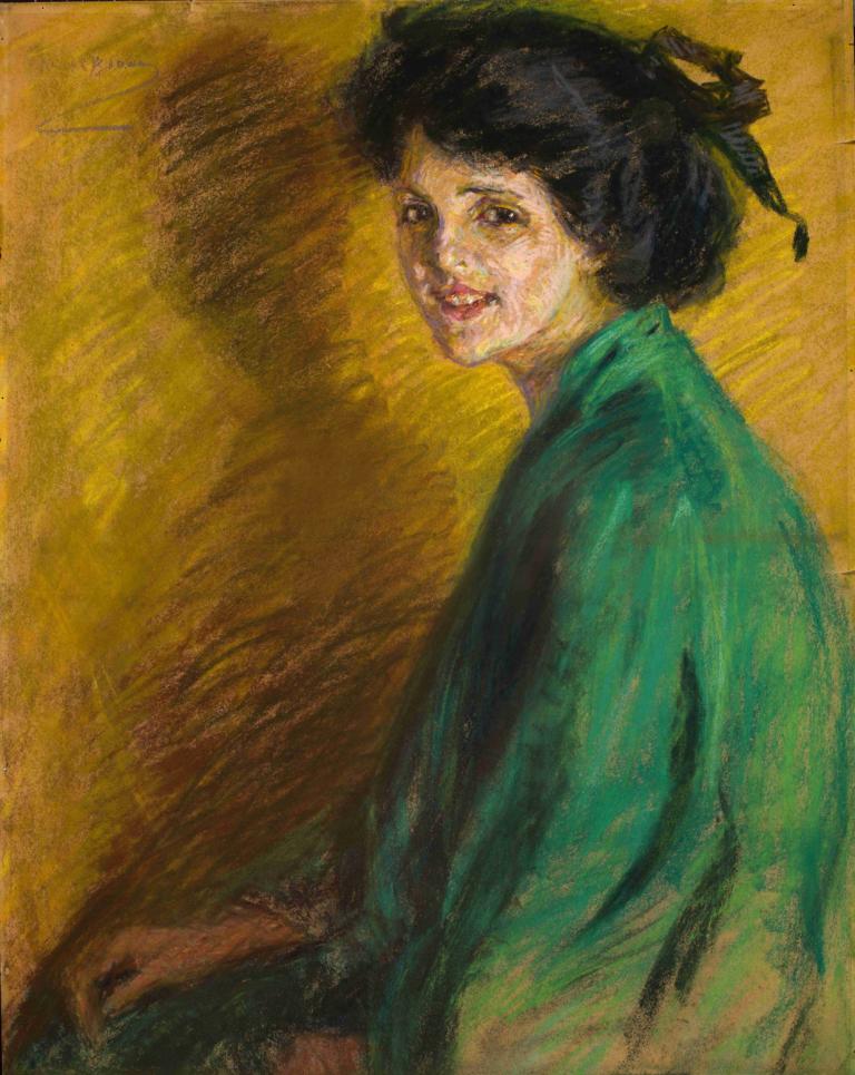 Light-Hearted,Alice Pike Barney,Oil Painting,Oil Painting, solo, black hair, 1girl, traditional media