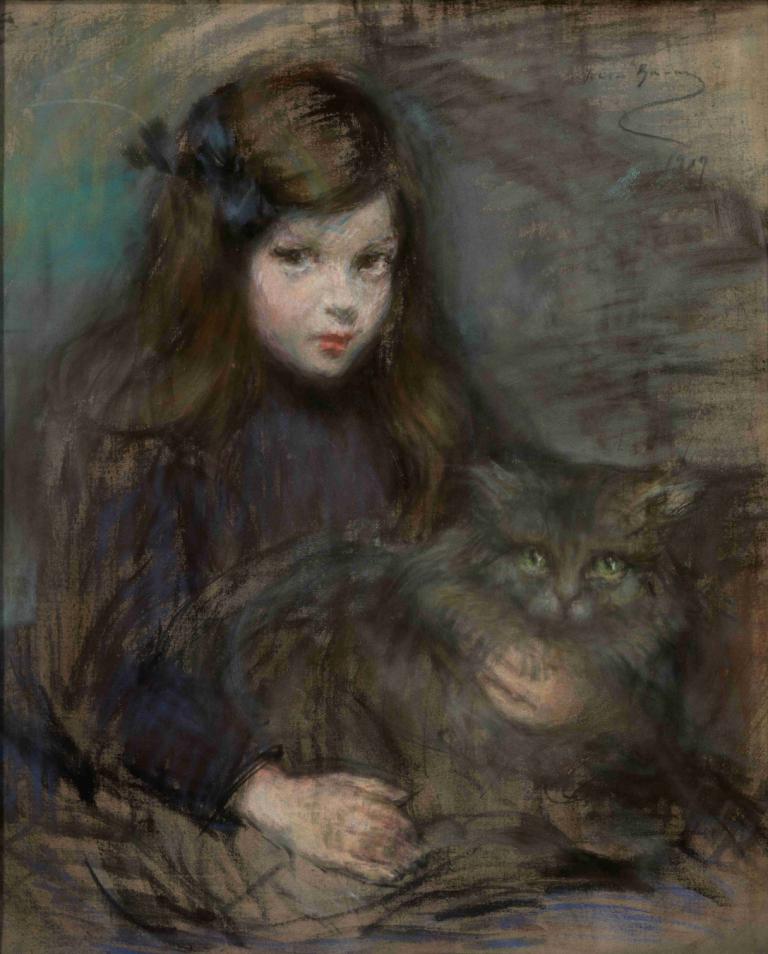 Minette and Minet,미넷과 미넷,Alice Pike Barney,앨리스 파이크 바니,오일 페인팅,오일 페인팅, 여자 1명, 고양이, 긴 머리, 갈색 머리, 전통 미디어, 뷰어를보고