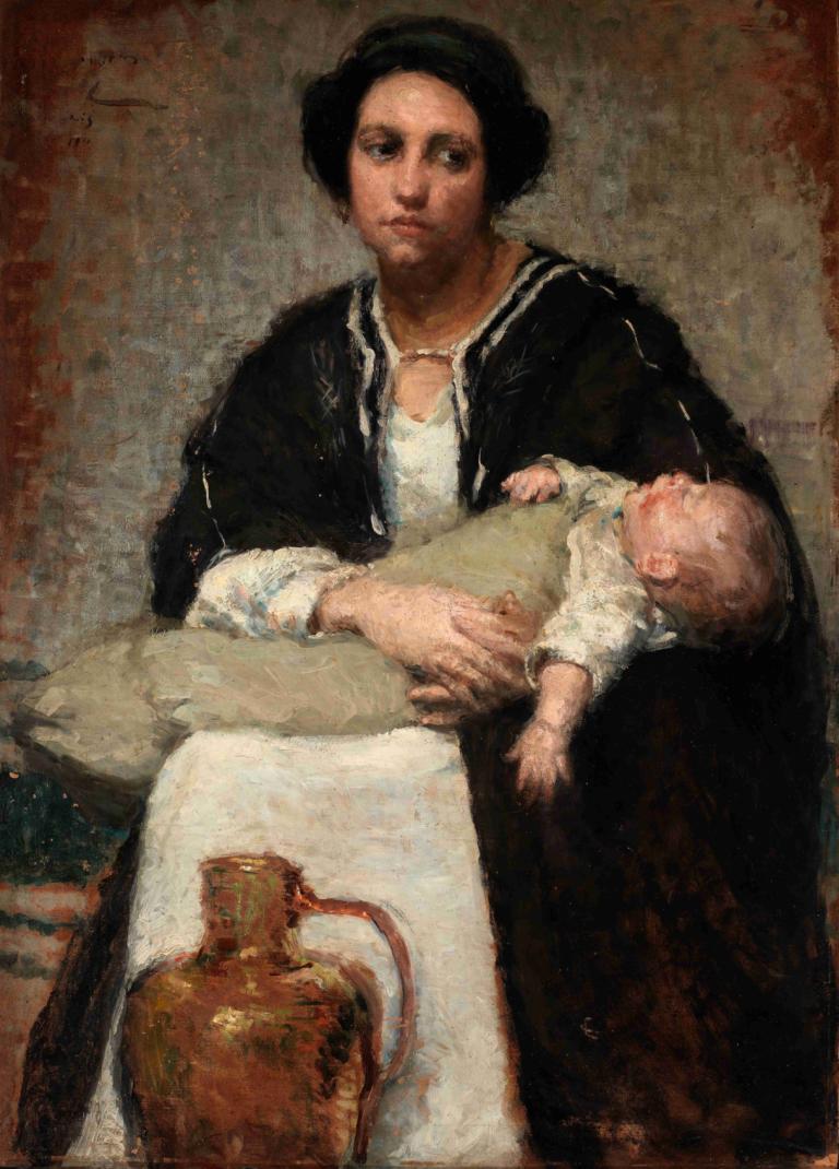 Mother and Sleeping Baby,엄마와 잠자는 아기,Alice Pike Barney,앨리스 파이크 바니,오일 페인팅,오일 페인팅, 미술 패러디, 아기, 현실적인, 흑발