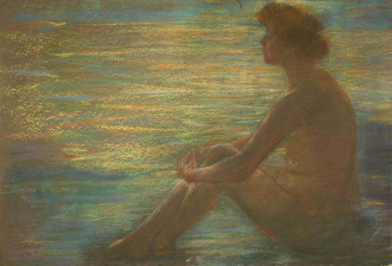 Nude against Sea,바다를 배경으로 한 누드,Alice Pike Barney,앨리스 파이크 바니,오일 페인팅,오일 페인팅, 독주, 나체상, 좌석, 물, 여자 1명, 완전 누드