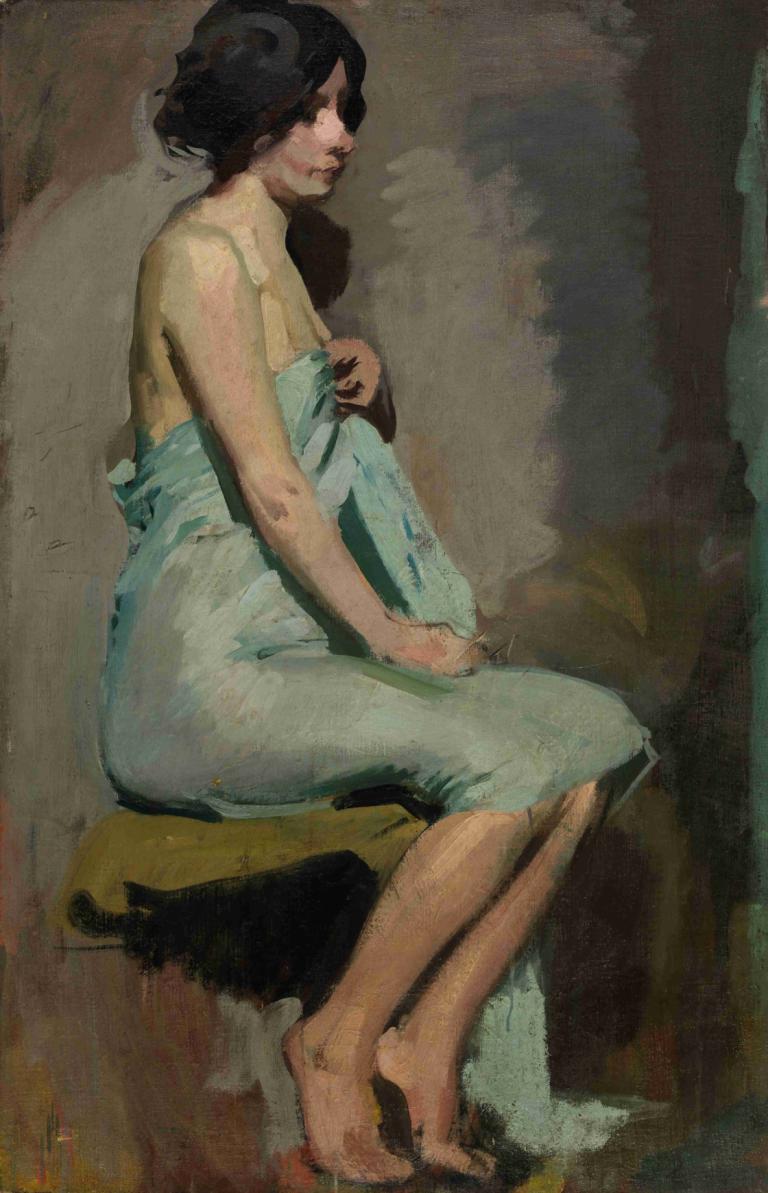 Study of a Seated Woman,앉아있는 여성의 연구,Alice Pike Barney,앨리스 파이크 바니,오일 페인팅,오일 페인팅, 여자 1명, 독주, 좌석, 흑발, 맨발, 가슴