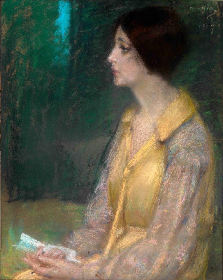 The Letter,Brevet,Alice Pike Barney,Oljemålning,Oljemålning, 1 tjej, solo, kort hår, profil, realistisk