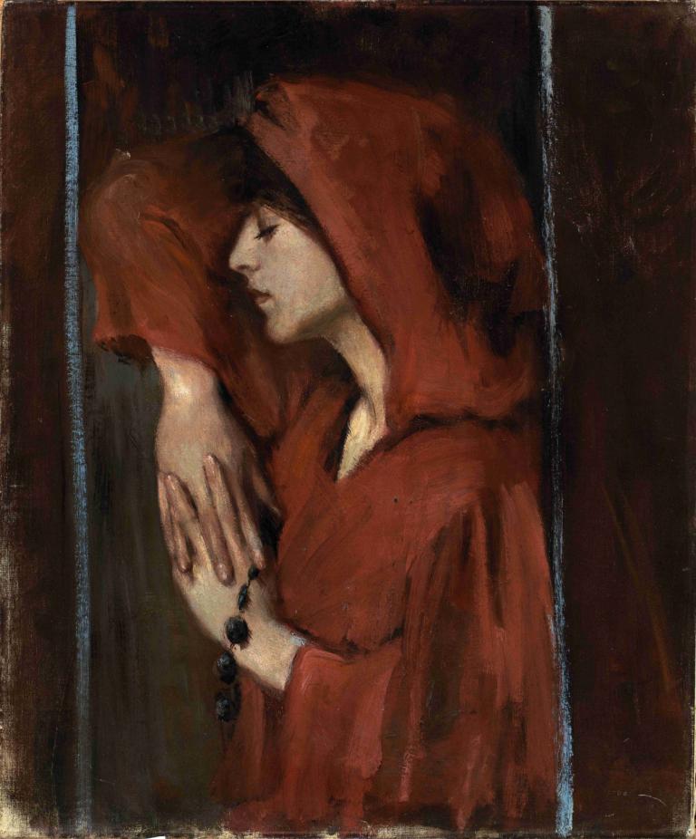 Woman with Red Hood,Kvinna med röd huva,Alice Pike Barney,Oljemålning,Oljemålning, huva, pärlor, huva upp