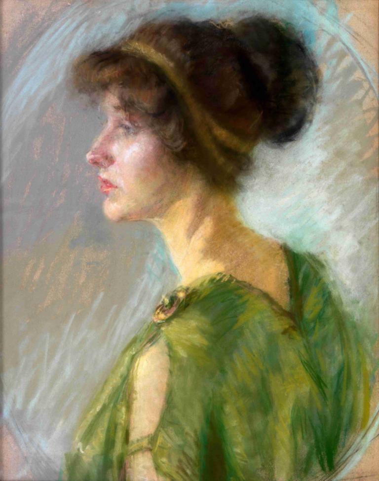 Young Woman in Green,Ung kvinna i grönt,Alice Pike Barney,Oljemålning,Oljemålning, 1 tjej, solo, brunt hår