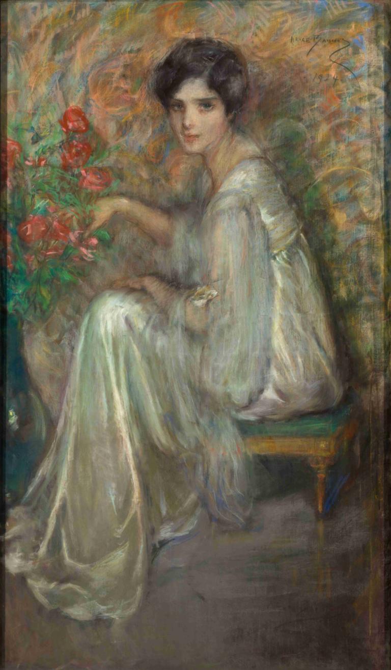 Young Woman with Roses,Ung kvinna med rosor,Alice Pike Barney,Oljemålning,Oljemålning, blomma, solo, 1 tjej