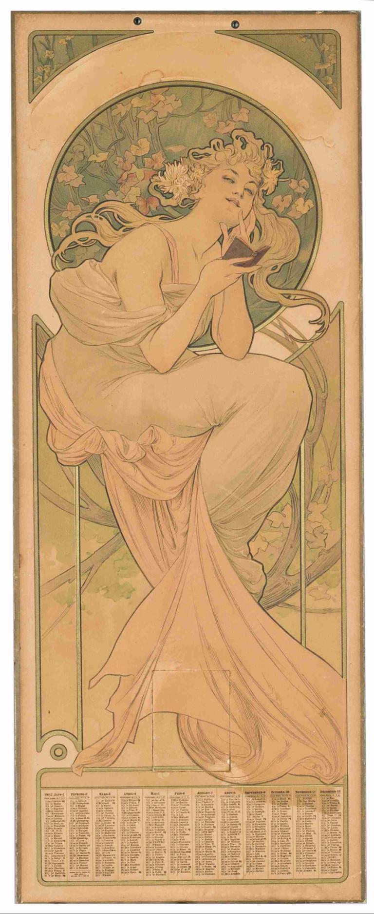 1902 calendar,Calendario 1902,Alphonse Mucha,Ilustración,Ilustración, Art Nouveau, tarot, solo, pelo largo