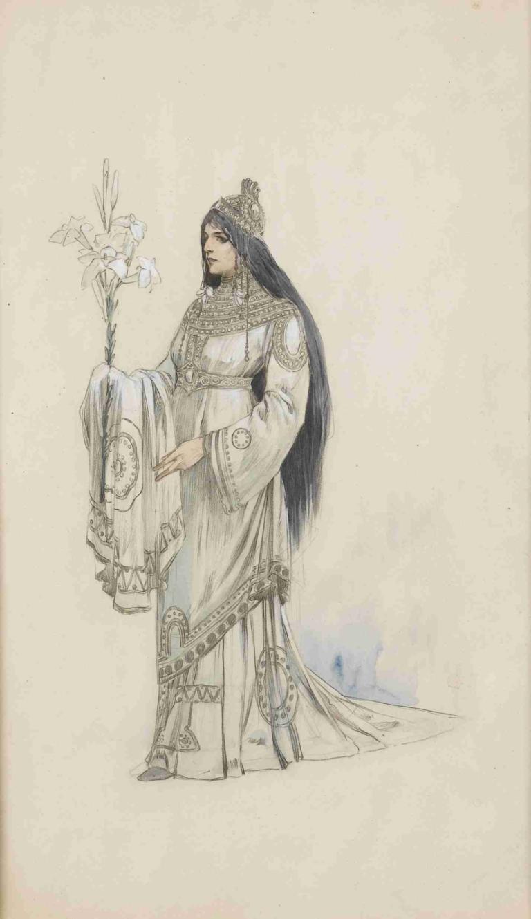 A costume design for the Théâtre de la Renaissance, Paris,Alphonse Mucha,Sketch,Sketch, long hair, solo