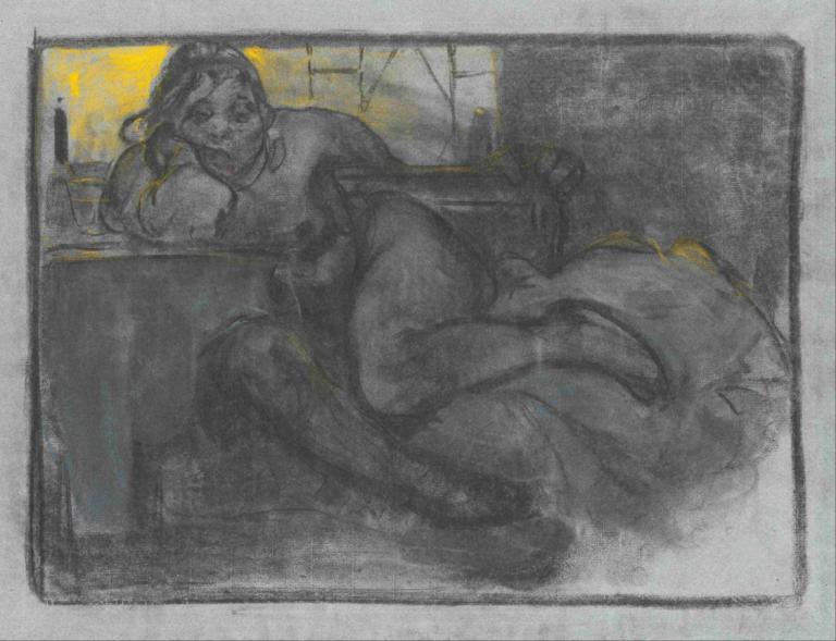 Absinth (Study of a Woman),Alphonse Mucha,Sketch,Sketch, 1girl, solo, on side, long hair, lying, border