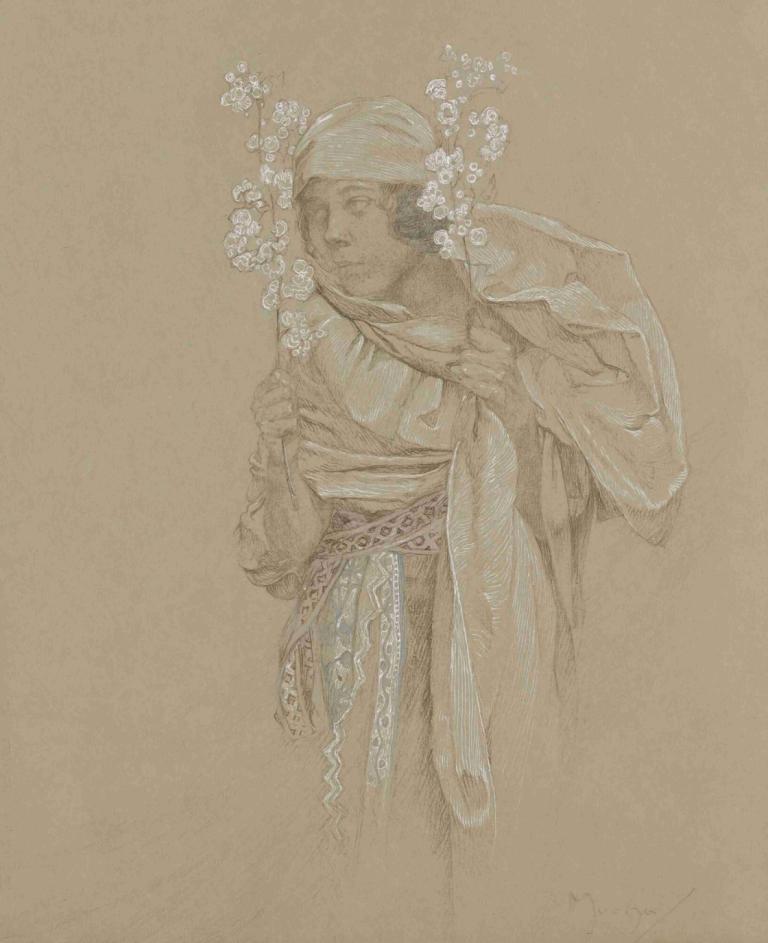 Allegory Of Spring,Alphonse Mucha,Sketch,Sketch, flower, solo, 1boy, traditional media, male focus