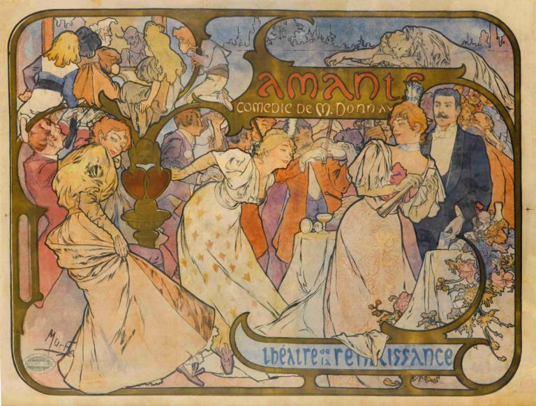 Amants,- A Mantz.,Alphonse Mucha,- Afos Mucha.,Minh họa,Minh họa, nhiều cô gái, đầm, hoa, tóc vàng, 6+cô gái