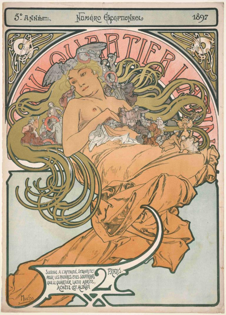 Au Quartier Latin,Alphonse Mucha,Illustration,Illustration, art nouveau, 1girl, nipples, fine art parody