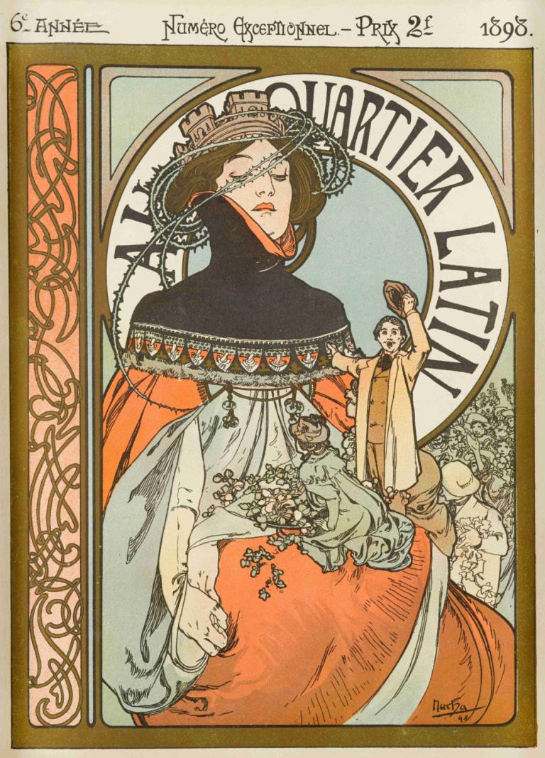 Au Quartier Latin,Alphonse Mucha,Illustration,Illustration, art nouveau, 1girl, closed eyes, dress