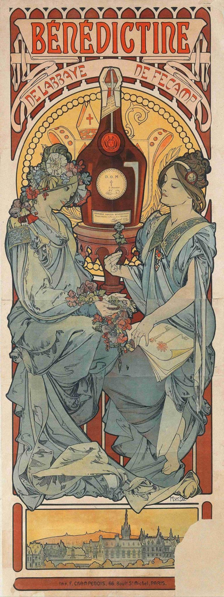 Bénédictine,Alphonse Mucha,Illustration,Illustration, flower, holding, dress, art nouveau, robe, jewelry