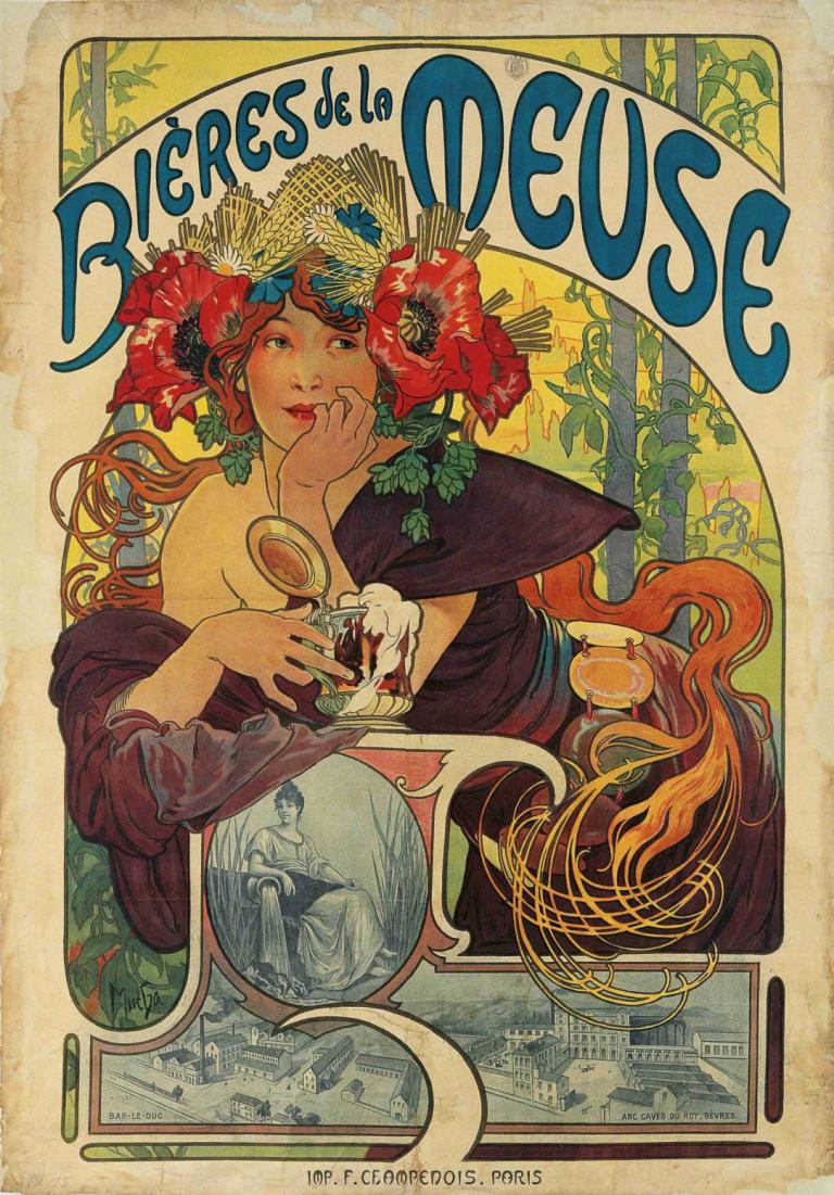 Bières De La Meuse,Øl fra Maas,Alphonse Mucha,Illustration,Illustration, blomst, 1 pige, langt hår