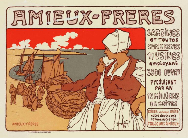 Bières De La Meuse,Alphonse Mucha,Abbildung,Abbildung, mehrere Jungen, Hut, Himmel, Wasserfahrzeug