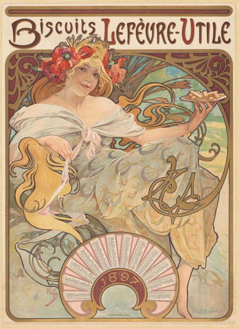 Biscuits Lefèvre-Utile,Alphonse Mucha,Illustration,Illustration, Art Nouveau, 1fille, cheveux blond, fleur