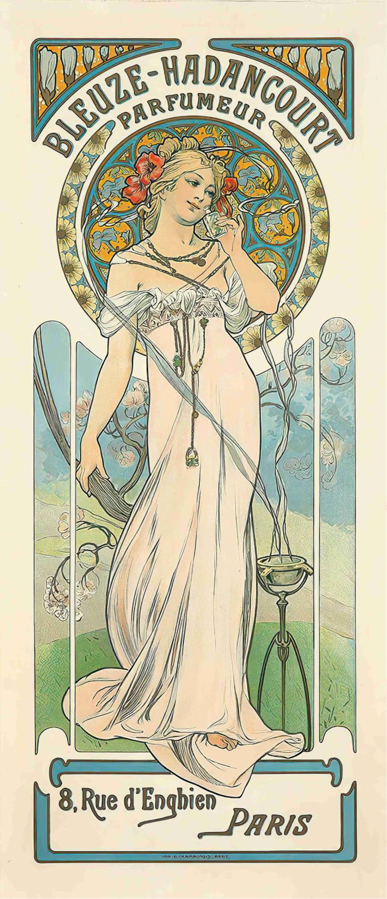 Bleuze-Hadancourt Parfumeur,Alphonse Mucha,Illustration,Illustration, art nouveau, 1girl, blonde hair, flower