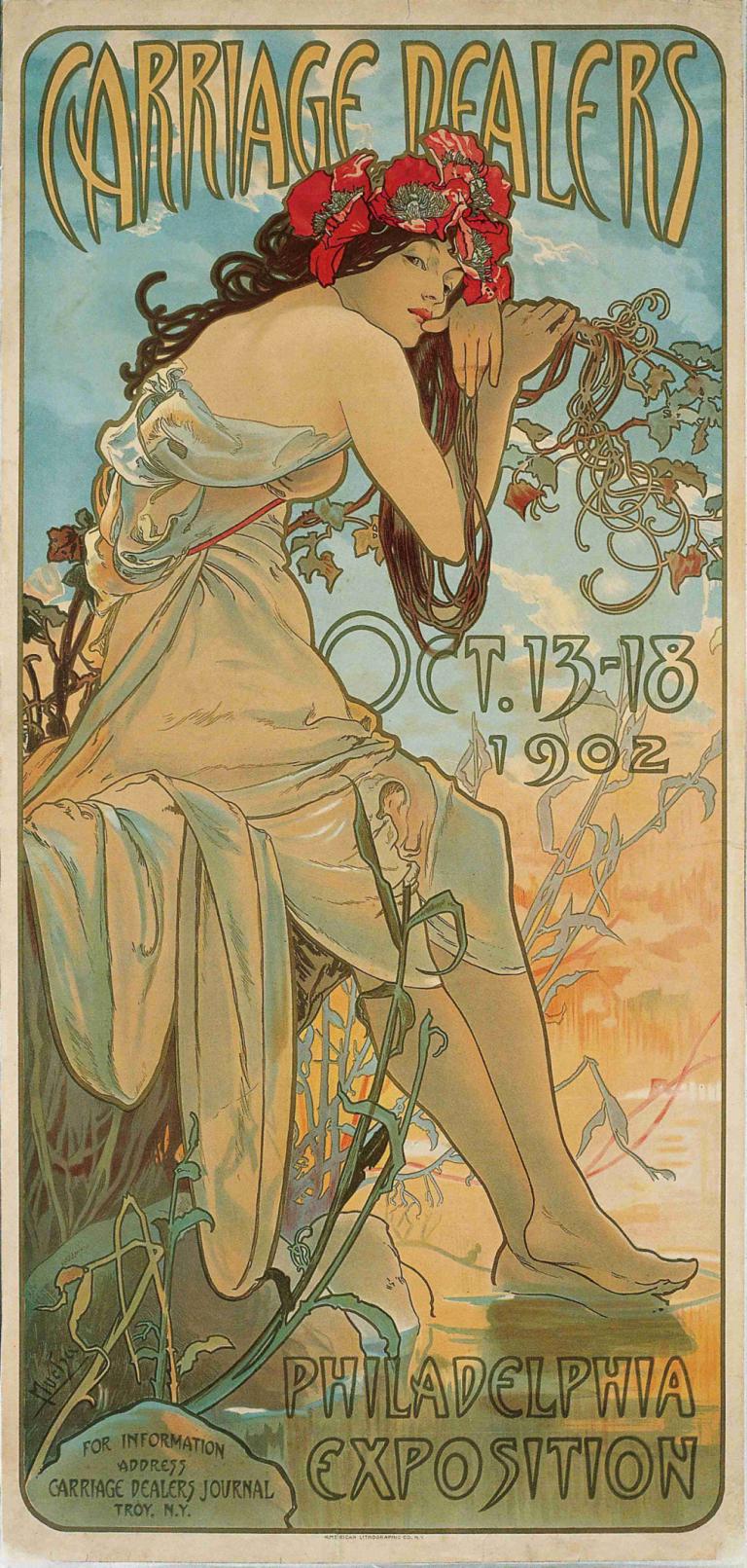 Carriage Dealers,캐리지 딜러,Alphonse Mucha,알폰스 무하,일러스트레이션,일러스트레이션, 여자 1명, 독주, 아르누보, 맨발, 긴 머리, 꽃, 좌석, 드레스, 식물