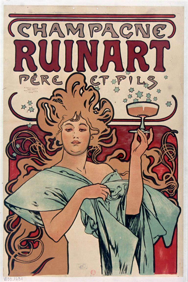 Champagne Ruinart Père Et Fils.,샴페인 루이나르 페르 에 필스.,Alphonse Mucha,알폰스 무하,일러스트레이션,일러스트레이션, 여자 1명, 독주, 긴 머리, 컵