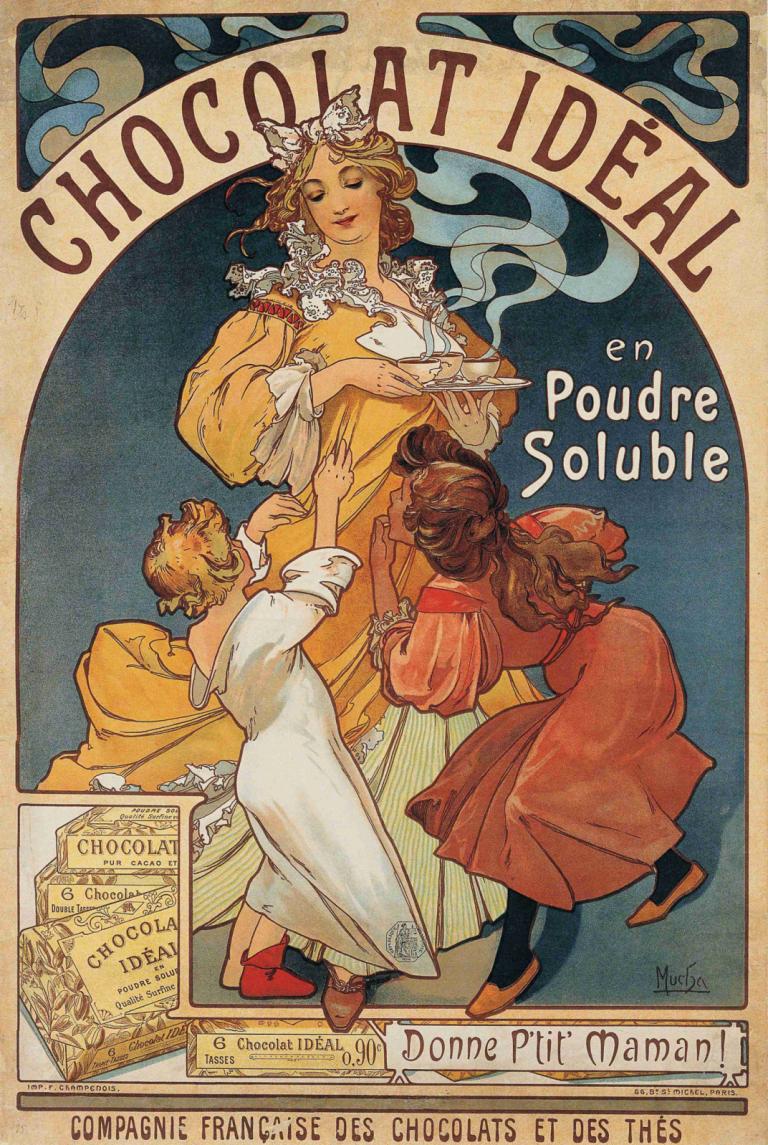 Chocolat Idéal,이상적인 초콜릿,Alphonse Mucha,알폰스 무하,일러스트레이션,일러스트레이션, 여러 여자, 드레스, 갈색 머리, 영어 텍스트, 감긴 눈, 여자 3명, 댄스