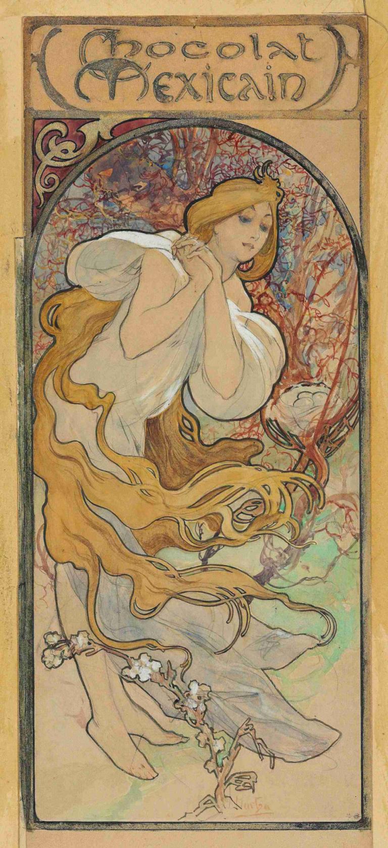 Chocolat Mexicain,Alphonse Mucha,Illustration,Illustration, Art Nouveau, cheveux longs, 1fille, cheveux blond