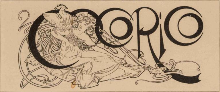 Cocorico magazine title illustration,Alphonse Mucha,Sketch,Sketch, monochrome, bird, 1girl