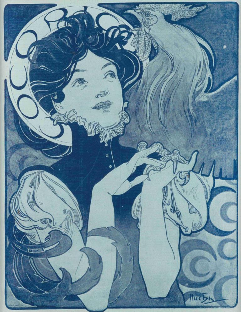 Cocorico,Alphonse Mucha,Copperplate Etching,Copperplate Etching, 1girl, monochrome, bird, solo, short sleeves