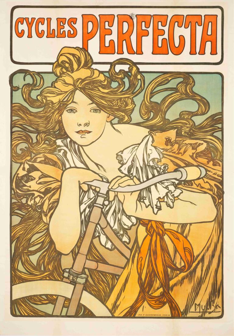 Cycles Perfecta,Alphonse Mucha,Illustration,Illustration, 1fille, solo, cheveux longs, parodie des beaux-arts