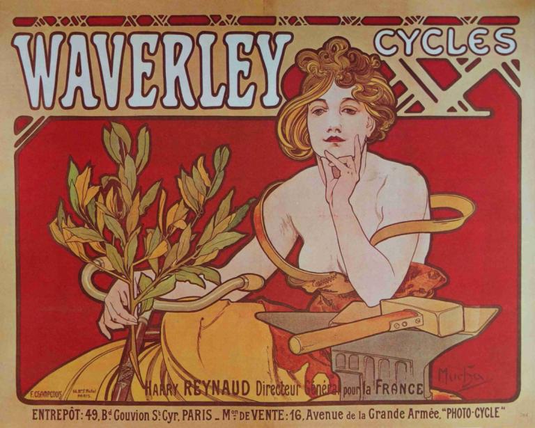 Cycles Waverley Paris.,Alphonse Mucha,İllüstrasyon,İllüstrasyon, 1kız, solo, İngilizce metin, göğüsler, tutma