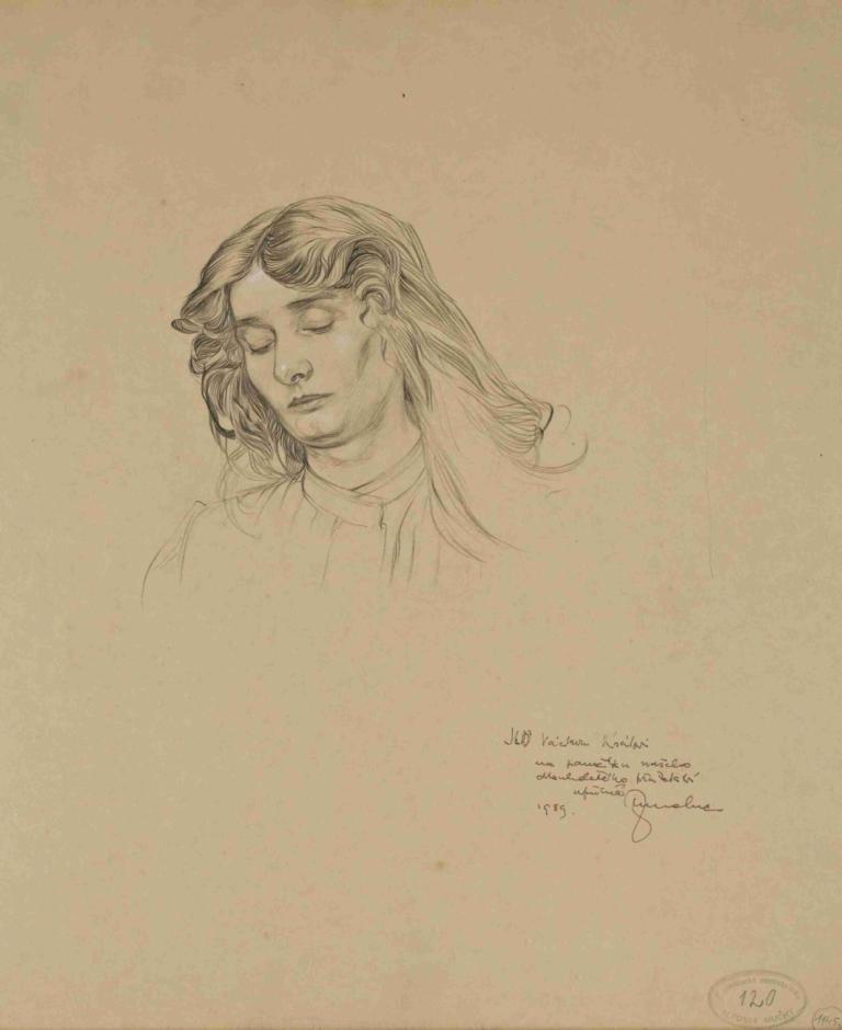 Czech young woman,Alphonse Mucha,Sketch,Sketch, closed eyes, solo, long hair, traditional media, monochrome