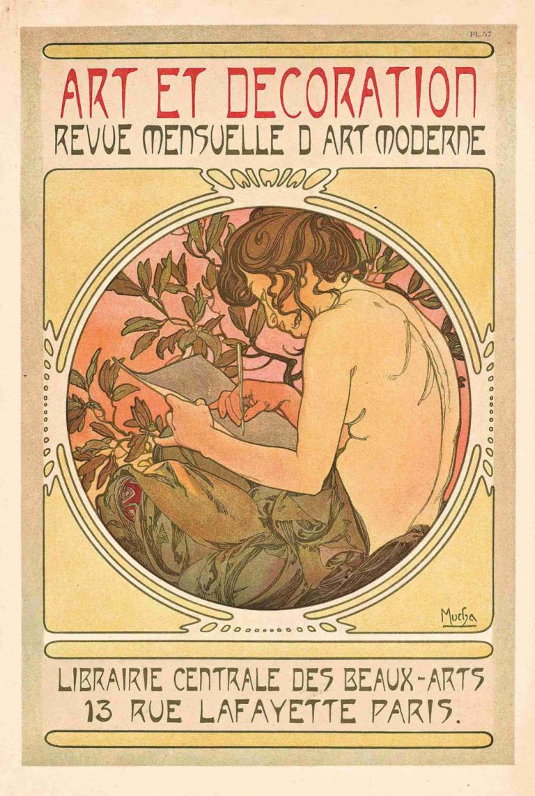 DOCUMENTS DÉCORATIVES,장식 문서,Alphonse Mucha,알폰스 무하,일러스트레이션,일러스트레이션, 독주, 여자 1명, 잎, 갈색 머리, 영어 텍스트, 짧은 머리, 식물