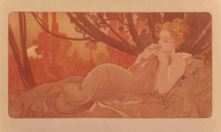 Dawn,Alphonse Mucha,Illustration,Illustration, 1girl, solo, closed eyes, on side, lying, orange theme