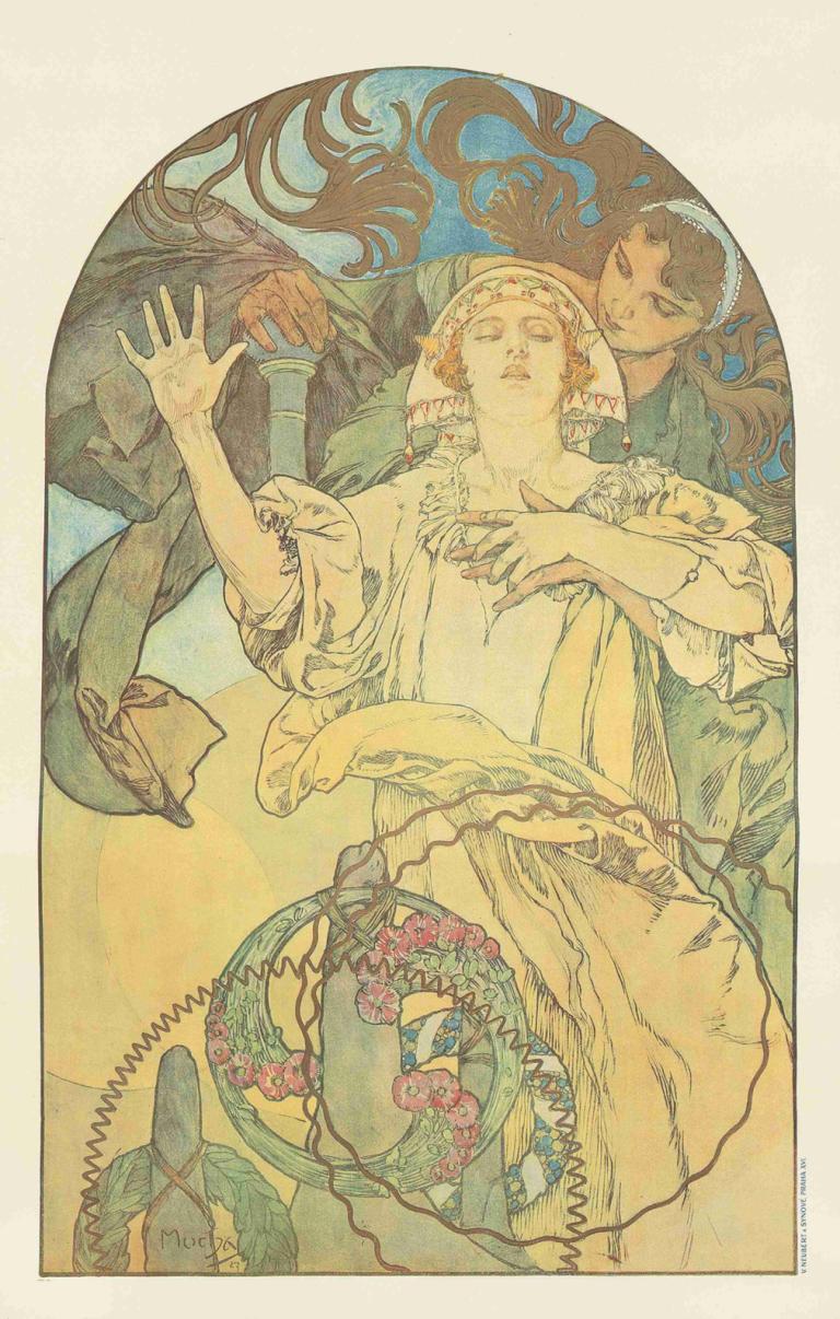 De Forest Phonofilm,Alphonse Mucha,Illustrazione,Illustrazione, capelli lunghi, occhi chiusi, vestito